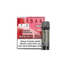 Elfbar Elfa Liquid Pods Raspberry Watermelon. Blassrote gemusterte Packung mit großer Elfbar Aufschrift und grauen Liquid Pod.