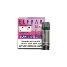 Elfbar Elfa Liquid Pods Strawberry Grape. Lila-rosa gemusterte Packung mit großer Elfbar Aufschrift und grauen Liquid Pod.