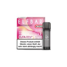 Elfbar Elfa Liquid Pods Strawberry Ice Cream. Rosa-gelb gemusterte Packung mit großer weißer Elfbar Aufschrift und grauen Liquid Pod.