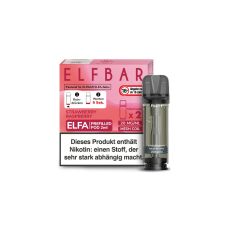 Elfbar Elfa Liquid Pods Strawberry Raspberry. Hellrote gemusterte Packung mit großer Elfbar Aufschrift und grauen Liquid Pod.