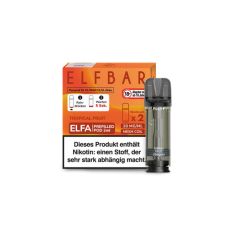 Elfbar Elfa Liquid Pods Tropical Fruit. Orange gemusterte Packung mit großer Elfbar Aufschrift und grauen Liquid Pod.