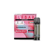 Elfbar Elfa Liquid Pods Watermelon. Rosa-rot mamorierte Packung mit großer Elfbar und nikotinfrei Aufschrift und grauen Liquid Pod.