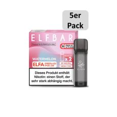 Elfbar Elfa Liquid Pods Watermelon. Rosa-rot mamorierte Packung mit weißer Elfbar Aufschrift, grauen Liquid Pod und 5er Pack Bottom.