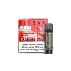 Elfbar Elfa Liquid Pods Watermelon Cherry. Blassrote gemusterte Packung mit großer Elfbar Aufschrift und grauen Liquid Pod.