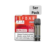 Elfbar Elfa Liquid Pods Watermelon Mojito. Rot-orange gemusterte Packung mit großer Elfbar Aufschrift und 5er Pack Botton.