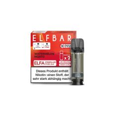 Elfbar Elfa Liquid Pods Watermelon Mojito. Rot-orange gemusterte Packung mit großer Elfbar Aufschrift und grauen Liquid Pod.