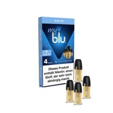 Packung myblu Liquid Pods Blue Ice 9mg/ml 4er Pack. Blaue Packung mit 4 Liquid Pods im Vordergrund.