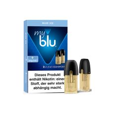 Packung myblu Liquid Pods Blue Ice 9mg/ml. Blaue Packung mit 2 Liquid Pods im Vordergrund.