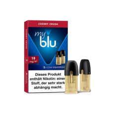 Packung Liquid myblu Pods Cherry Crush 18mg/ml. Dunkelrot-blaue Schachtel mit zwei Pods im Vordergrund.