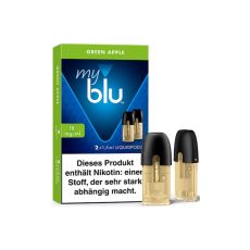 Packung Liquid myblu Pods Green Apple 18mg/ml. Grün-blaue Packung mit zwei Pods im Vordergrund.