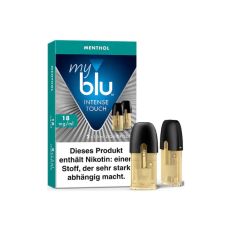 Packung Liquid myblu Pods Intense Touch Menthol 18mg/ml. Mintgrün-blau-graue Packung mit zwei Pods im Vordergrund.