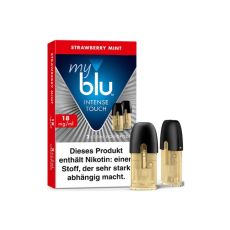 Packung Liquid myblu Pods Intense Touch Strawberry Mint 18mg/ml. Rot-blau-graue Packung mit zwei Pods im Vordergrund.