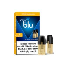 Packung Liquid myblu Pods Mango Apricot 9mg/ml. Orange-blaue Schachtel mit zwei Pods im Vordergrund.