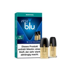 Packung Liquid myblu Pods Menthol 18mg/ml. Türkis-blaue Schachtel mit zwei Pods im Vordergrund.