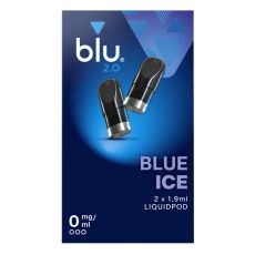 Packung blu 2.0 Liquid Pods Blue Ice 0mg/ml. Blaue Packung mit zwei Liquid Pods in schwarz und weißer blu Aufschrift.