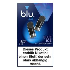 Packung blu 2.0 Liquid Pods Blue Ice 18mg/ml. Blaue Packung mit zwei Liquid Pods in schwarz und weißer blu Aufschrift.