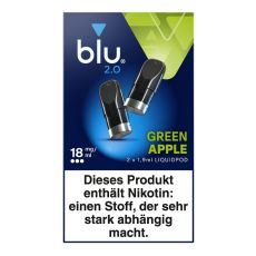 Packung blu 2.0 Liquid Pods Green Apple 18mg/ml. Blau-grüne Packung mit zwei Liquid Pods in schwarz und weißer blu Aufschrift.