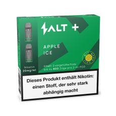 Packung Salt Plus Liquid Pods Apple Ice. Grün gemusterte Packung mit weißer Salt Aufschrift und graue Pods.