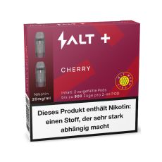 Packung Salt Plus Liquid Pods Cherry. Weinrot-rot gemusterte Packung mit weißer Salt Aufschrift und graue Pods.