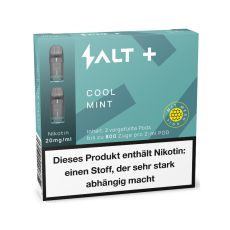 Packung Salt Plus Liquid Pods Cool Mint. Türkis gemusterte Packung mit weißer Salt Aufschrift und graue Pods.