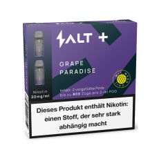 Packung Salt Plus Liquid Pods Grape Paradise. Lila-schwarz gemusterte Packung mit weißer Salt Aufschrift und graue Pods.