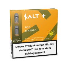 Packung Salt Plus Liquid Pods Ice Mango. Orange-grün gemusterte Packung mit weißer Salt Aufschrift und graue Pods.