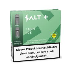 Packung Salt Plus Liquid Pods Lush Ice. Hellgrün-dunkelgrüne gemusterte Packung mit weißer Salt Aufschrift und graue Pods.