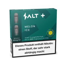 Packung Salt Plus Liquid Pods Melon Ice. Blaugrün gemusterte Packung mit weißer Salt Aufschrift und graue Pods.