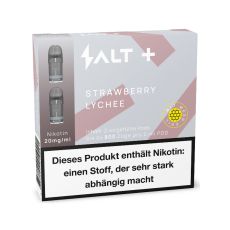 Packung Salt Plus Liquid Pods Strawberry Lychee. Grau-rosa gemusterte Packung mit weißer Salt Aufschrift und graue Pods.