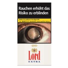 Schachtel Lord Zigaretten Extra 100 Long. Schmale weiße Packung mit rot-blauer Lord Extra Aufschrift.