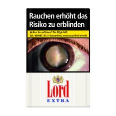 Schachtel Lord Extra Zigaretten. Weiße Packung mit rot-blauer Lord Extra Aufschrift.