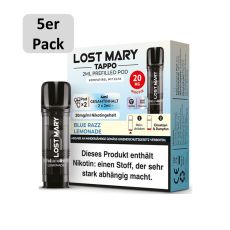 Lost Mary Tappo Liquid Pods Blue Razz Lemonade. Hellblau-weiße Packung mit grauem 5er Pack Bottom und schwarzem Liquid Pod.