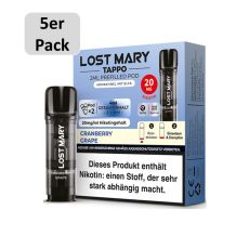 Lost Mary Tappo Liquid Pods Cranberry Grape. Hellblaue Packung mit grauem 5er Pack Bottom und schwarzem Liquid Pod.