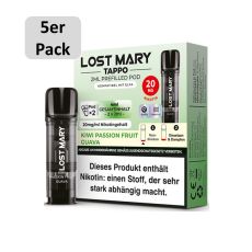 Lost Mary Tappo Liquid Pods Kiwi Passionsfrucht Guave. Hellgrüne Packung mit grauem 5er Pack Bottom und schwarzem Liquid Pod.