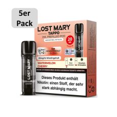 Lost Mary Tappo Liquid Pods Watermelon Cherry. Hellorange Packung mit grauem 5er Pack Bottom und schwarzem Liquid Pod.