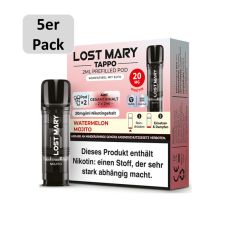 Lost Mary Tappo Liquid Pods Watermelon Mojito. Hellrosa Packung mit grauem 5er Pack Bottom und schwarzem Liquid Pod.