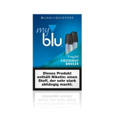 Packung myblu Pods Coconut Breeze Liquid 9mg/ml. Myblu Liquid Pods Coconut Breeze mit einem Inhalt von 2 Stück pro Packung mit je 1,5 ml Tabak-Liquid.