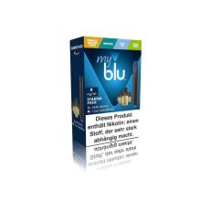 Packung myblu Starter Pack Freebase inklusiv 4 Pods 9mg E-Zigarette black/schwarz. Myblu Starter Kit mit E-Zigarette und 4 Stück Pods 9mg.