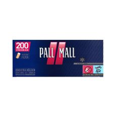 Packung Zigarettenhülsen Pall Mall Rot Xtra 200. Blaue Packung mit rotem Pausezeichen und weißer Pall Mall Aufschrift.