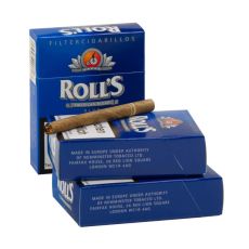 Packung Roll's Filterzigarillos Blue. Drei blaue Schachteln mit eine braunen Zigarillo.