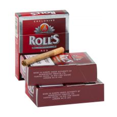 Packung Roll's Filterzigarillos Red. Drei rote Schachteln mit eine braunen Zigarillo.