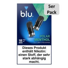 5er Pack blu 2.0 Liquid Pods Polar Menthol 18mg/ml. Blau-türkise Packung mit zwei Liquid Pods in schwarz und 5er Pack Buttom.