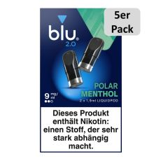 5er Pack blu 2.0 Liquid Pods Polar Menthol 9mg/ml. Blau-türkise Packung mit zwei Liquid Pods in schwarz und 5er Pack Buttom.