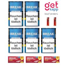 Sparset Break Tabak Blau Dose. Fünf blaue Dosen mit weißem Break Logo, Break Plus Hülsen und Feuerzeuge.