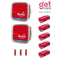 Sparset Tabak Burton Original Full Flavor Rot Giga Box. Zwei rote Eimer mit Burton Hülsen und Feuerzeuge.