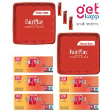 Sparset Tabak Fair Play Red Maxi Box. Zwei rote Eimer mit Fairplay Logo mit Hülsen und Feuerzeuge.