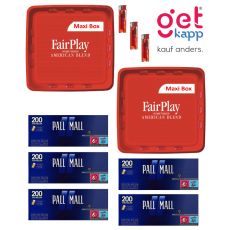 Sparset Tabak Fair Play Red Maxi Box. Zwei rote Eimer mit Fairplay Logo mit Hülsen und Feuerzeuge.