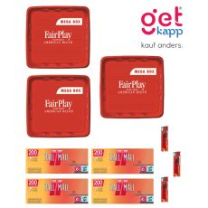 Sparset Tabak Fair Play Red Mega Box. Drei rote Eimer mit Fairplay Logo mit Hülsen und Feuerzeuge.