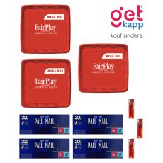 Sparset Tabak Fair Play Red Mega Box. Drei rote Eimer mit Fairplay Logo mit Hülsen und Feuerzeuge.