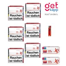 Sparset Tabak JPS rot M 6er. Sechs weiß-rote Dosen mit rotem JPS Logo, JPS 250 Hülsen und Feuerzeug.